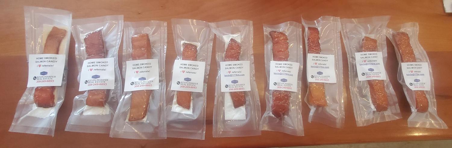 Packets of smoked salmon candy to give away